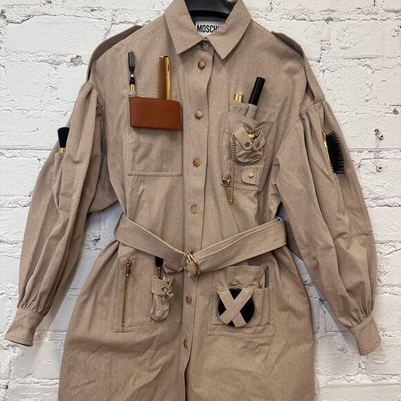 AW21 MOSCHINO Couture Jeremy Scott Beige Gabardine Survivor Kit Tools Dress - Picture 2 of 16